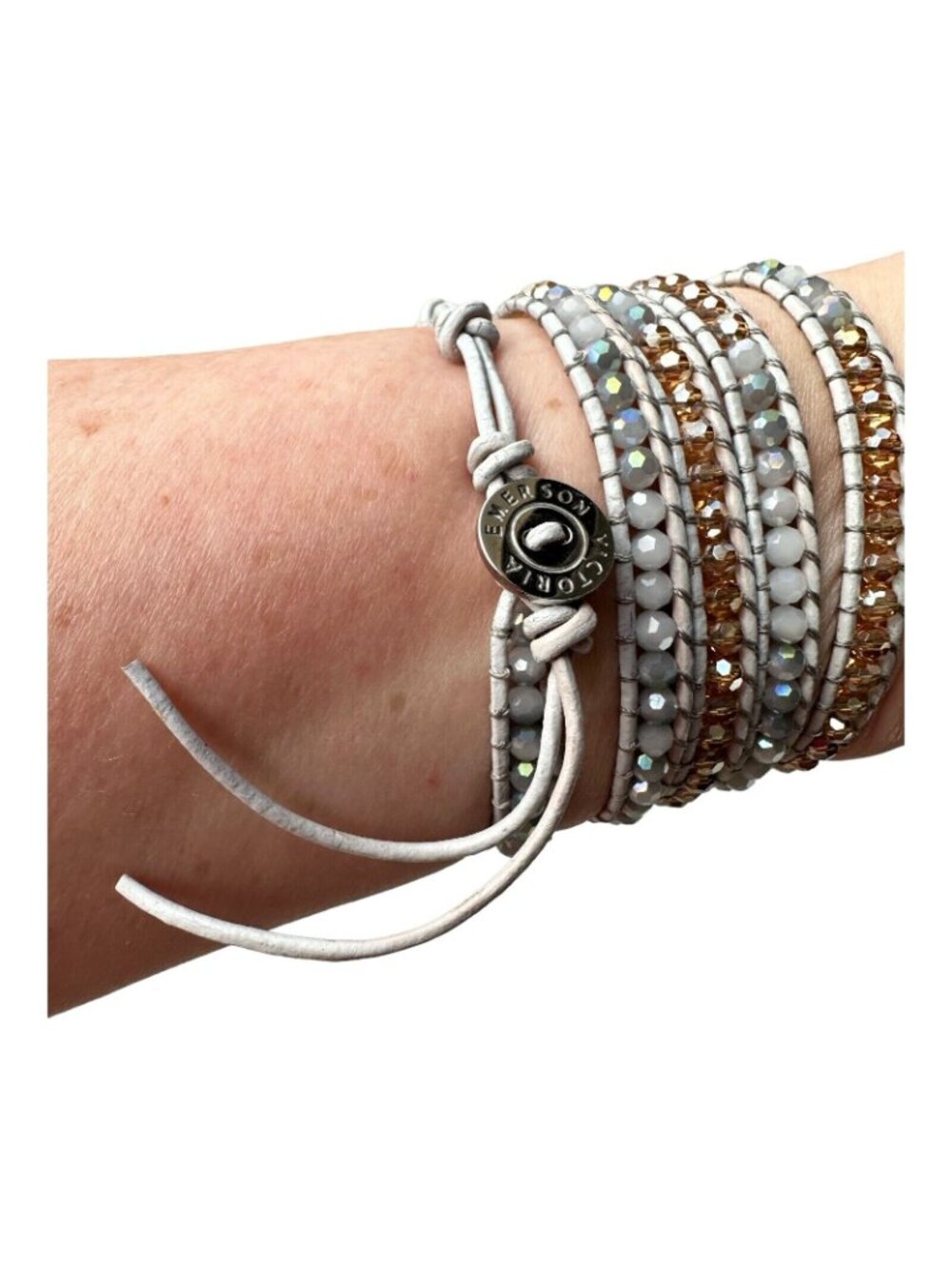 Victoria Emerson Leather Wrap Bracelet Quartz Crystal Beads 36" White Rose Gold - Picture 11 of 16